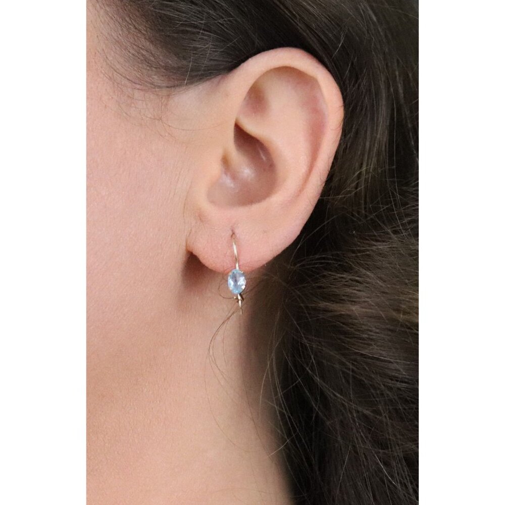 14k Yellow Gold Natural Swiss Blue Topaz Earrings Dangle Drop 5/8" x 1/8" - Picture 4 of 8